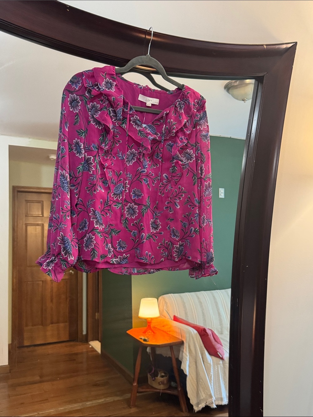 LOFT Magenta Floral Ruffle-Trim Blouse